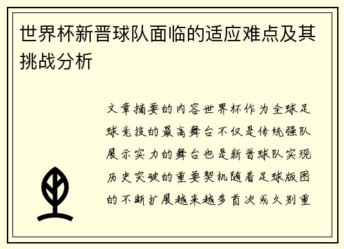 世界杯新晋球队面临的适应难点及其挑战分析